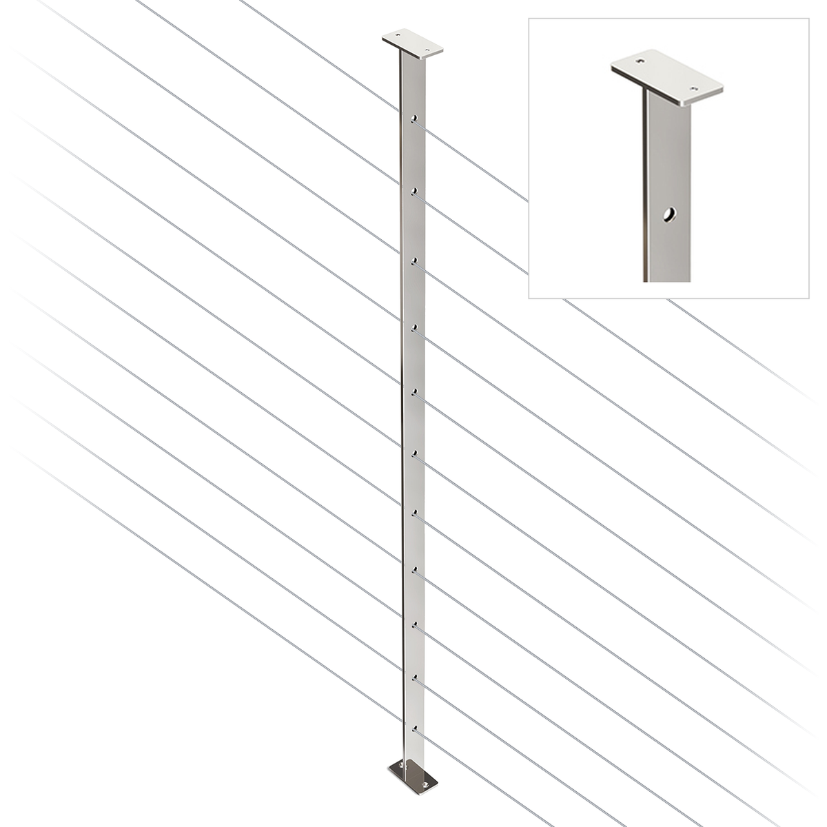Intermediate Post 30mm x 5mm - 960mm high. Predrilled with 11 x 7.5mm holes at 80mm spacing. 316 Grade Stainless Steel Mirror Polish Finish.
