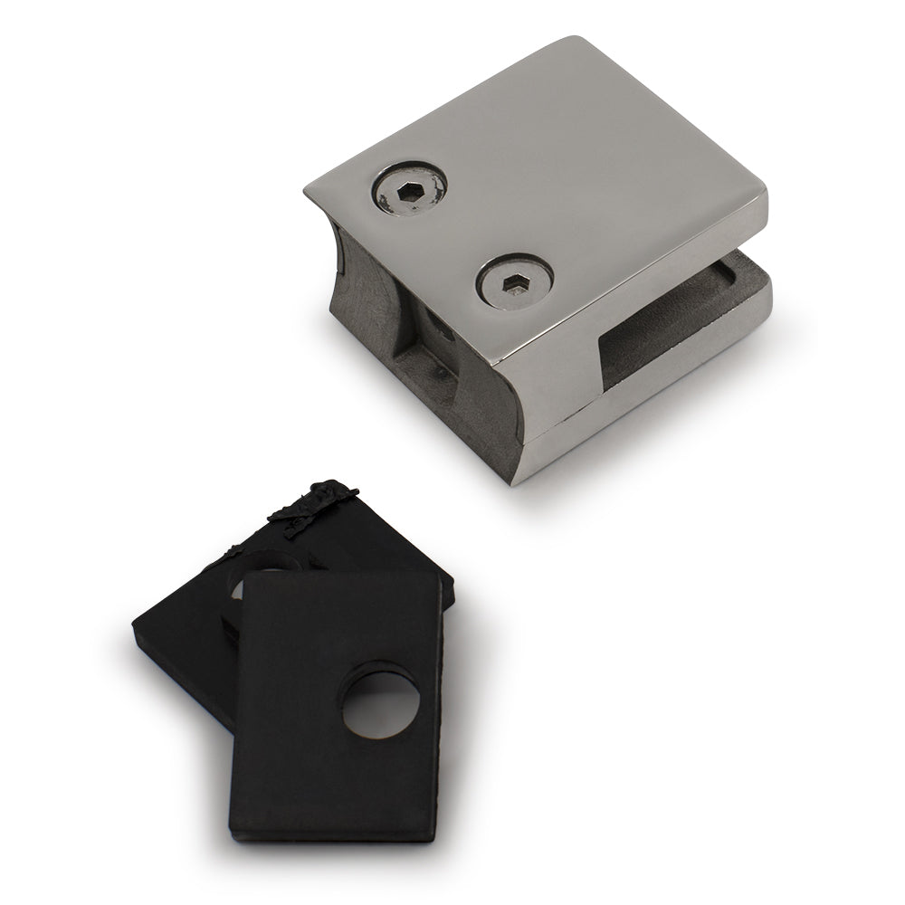 Glass Clamp Large Square Type Round to suit 8, 10, & 12mm Glass 316 Grade Stainless Steel - Mirror Polish