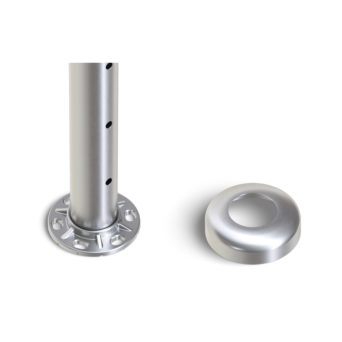 Round Intermediate Post with Straight Fixed Saddle - Flat Handrail - 960mm High - 50.8 x 1.6mm Tube - 22 x 8mm Holes in 2 Sides - Heavy Duty Base Plate and Cover - 316 Grade Stainless Steel Satin finish
