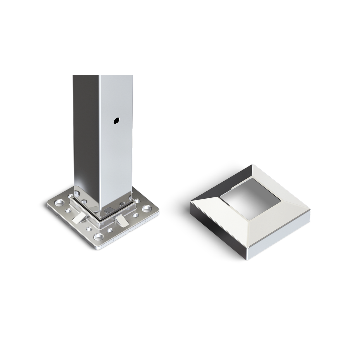 Square Stair Intermediate Post with Straight Adjustable Saddle - Round Handrail - 960mm High - 50.8 x 50.8 x 1.6mm Tube - Up to 11 x 9.5mm Holes in 2 Sides - Heavy Duty Base Plate and Cover - 316 Grade Stainless Steel Mirror polished