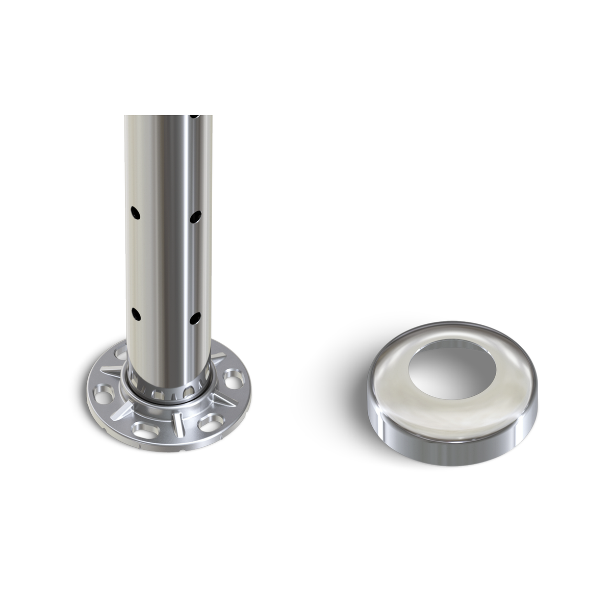 Round Corner Post with Corner Fixed Saddle - Flat Handrail - 960mm High - 50.8 x 3mm Tube - 22 x 9mm Holes in 2 Sides - Heavy Duty Base Plate and Cover - 316 Grade Stainless Steel Mirror polished