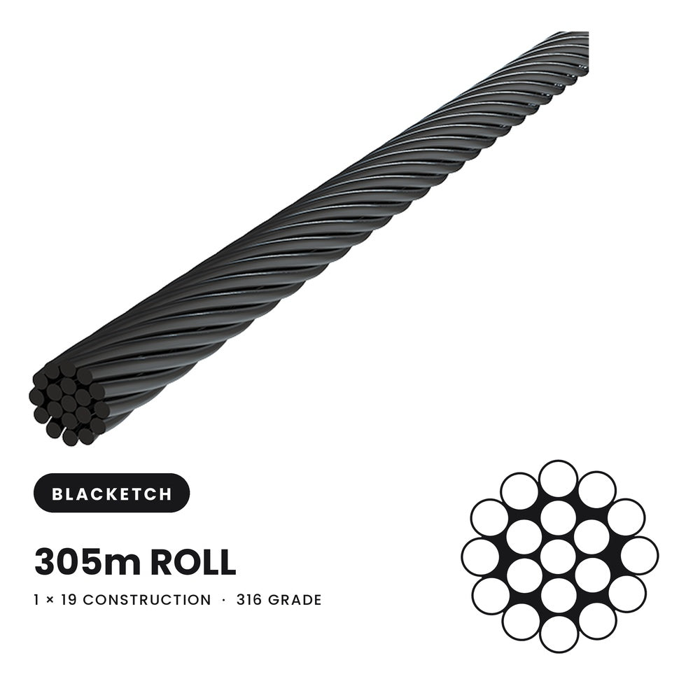 BlackEtch 3.2mm 1 x 19 Wire Rope 316 Grade Stainless Steel - 305 Metre Roll