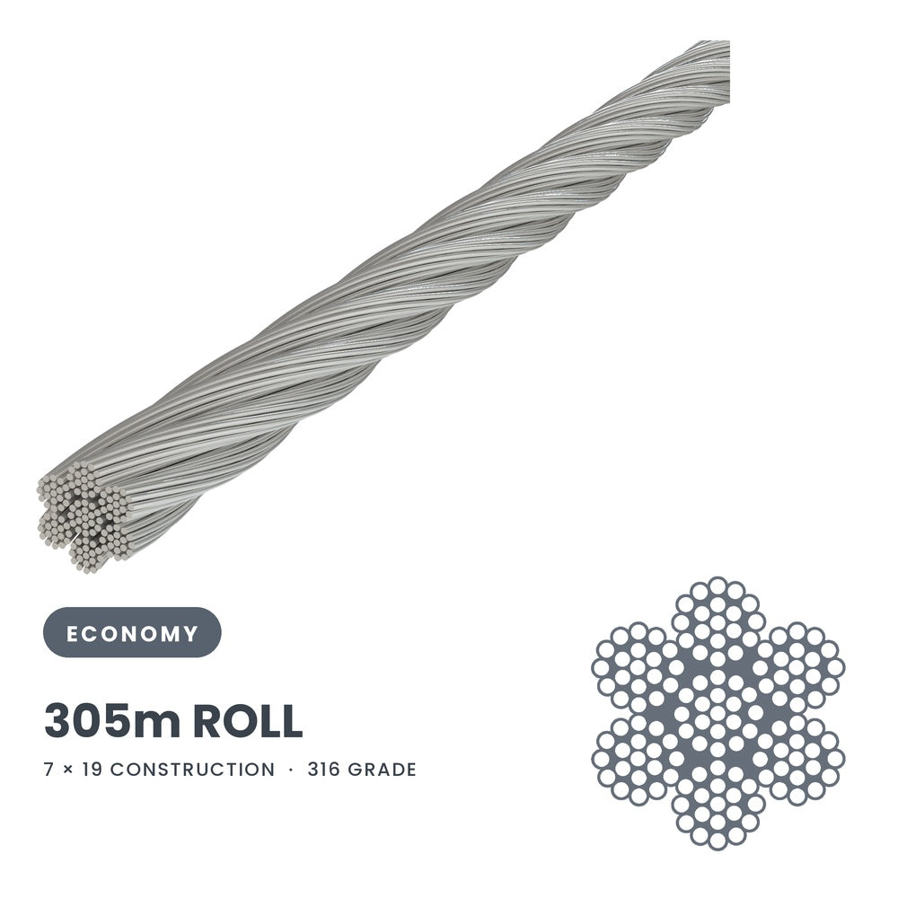 7 x 19 Wire Rope 316 Grade Stainless SIZES: 3.2mm - 6mm - 305 Metre Rolls