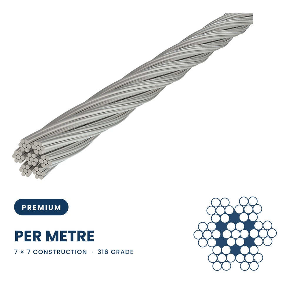 7 x 7 Wire Rope 316 Grade Stainless Steel - SIZES: 1mm - 12mm - Per Metre