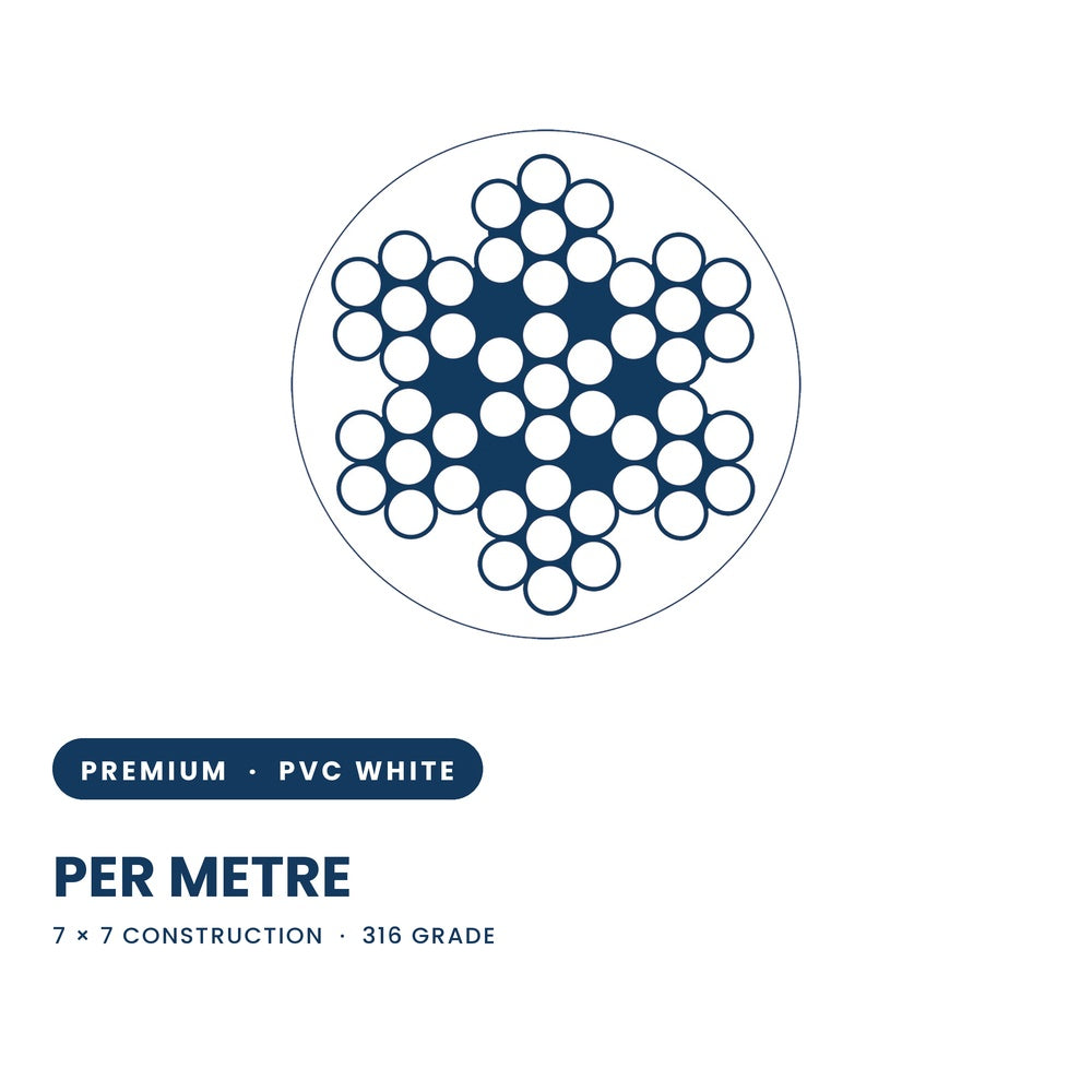 7x7 Wire Rope PVC Coated 316 Grade Stainless Steel - White - SIZES: 2.5mm - 6.4mm