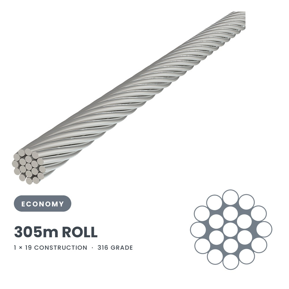 3.2mm 1 x 19 Wire Rope 305 Metre Roll - 316 Grade Stainless Steel