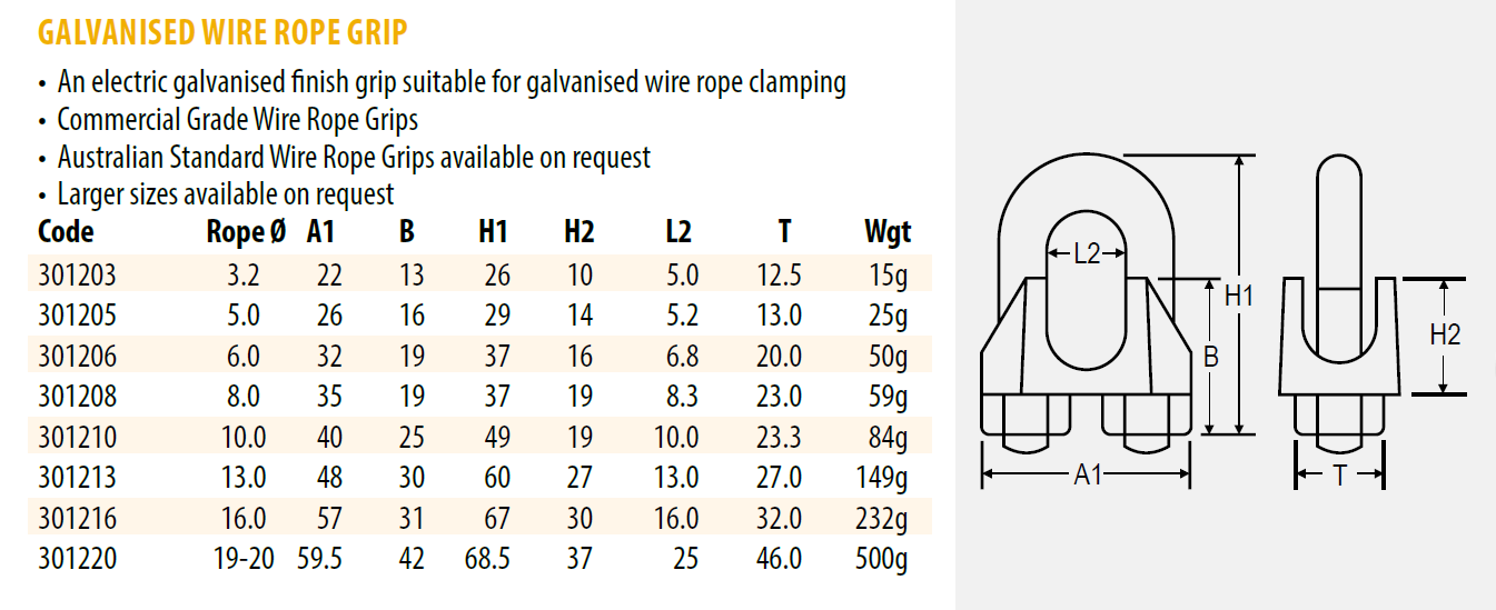 Wire Rope Grip to Suit Wire Rope - Galvanised - SIZES: 3.2mm