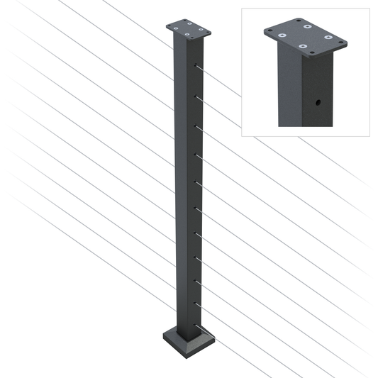 Heavy Duty Wire Balustrade INTERMEDIATE Post 960mm High 11 x 8mm Holes (2 sides at 180 degrees) - 6061 T6 Aluminium - Protexture Black