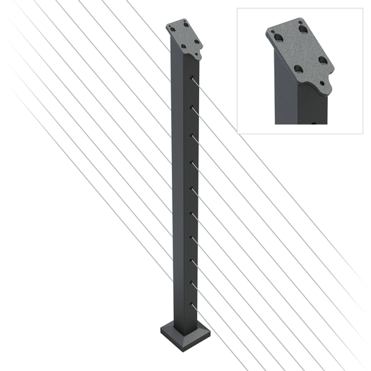 Heavy Duty Wire Balustrade INTERMEDIATE ANGLED Post 960mm High with 10 x drilled Holes (2 sides at 180 degrees) - 6061 T6 Aluminium - Protexture Black