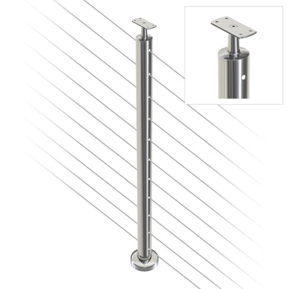 Round Intermediate Post with Straight Fixed Saddle - Flat Handrail - 960mm High - 50.8 x 1.6mm Tube - 22 x 8mm Holes in 2 Sides - Heavy Duty Base Plate and Cover - 316 Grade Stainless Steel Mirror polished