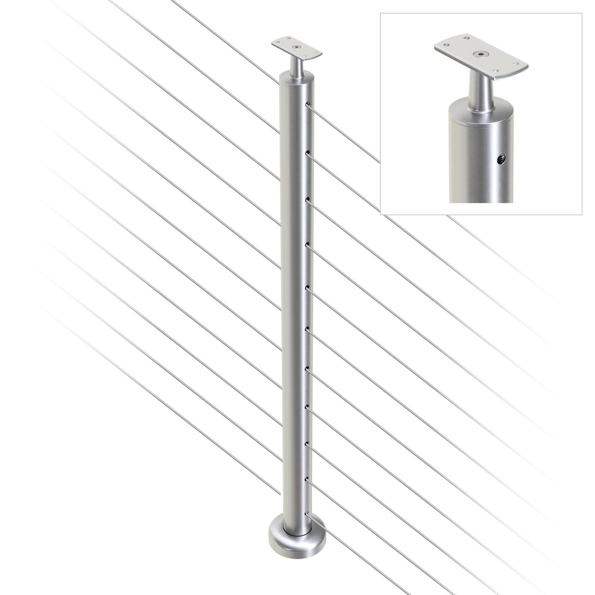 Round Intermediate Post with Straight Fixed Saddle - Flat Handrail - 960mm High - 50.8 x 1.6mm Tube - 22 x 8mm Holes in 2 Sides - Heavy Duty Base Plate and Cover - 316 Grade Stainless Steel Satin finish