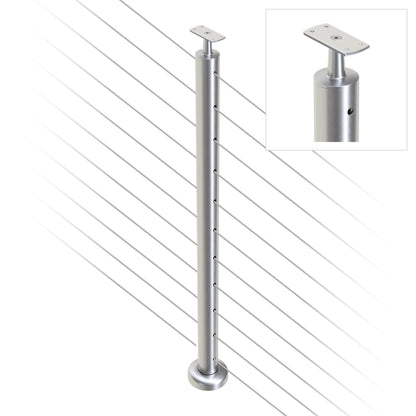 Round Intermediate Post with Straight Fixed Saddle - Flat Handrail - 960mm High - 50.8 x 1.6mm Tube - 22 x 8mm Holes in 2 Sides - Heavy Duty Base Plate and Cover - 316 Grade Stainless Steel Satin finish