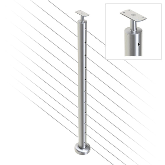 Round Intermediate Post with Straight Fixed Saddle - Flat Handrail - 960mm High - 50.8 x 1.6mm Tube - 22 x 8mm Holes in 2 Sides - Heavy Duty Base Plate and Cover - 316 Grade Stainless Steel Satin finish