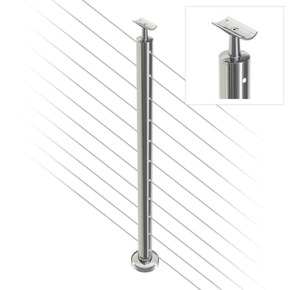 Round Intermediate Post with Straight Fixed Saddle - Round Handrail - 960mm High - 50.8 x 1.6mm Tube - 22 x 8mm Holes in 2 Sides - Heavy Duty Base Plate and Cover - 316 Grade Stainless Steel Mirror polished