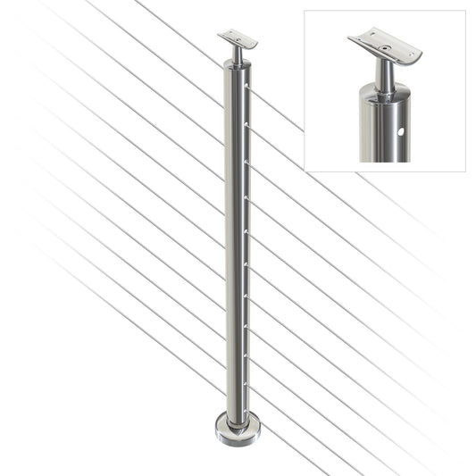 Round Intermediate Post with Straight Fixed Saddle - Round Handrail - 960mm High - 50.8 x 1.6mm Tube - 22 x 8mm Holes in 2 Sides - Heavy Duty Base Plate and Cover - 316 Grade Stainless Steel Mirror polished