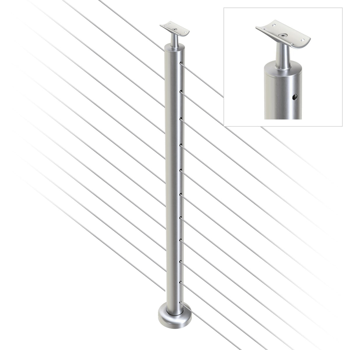 Round Intermediate Post with Straight Fixed Saddle - Round Handrail - 960mm High - 50.8 x 1.6mm Tube - 22 x 8mm Holes in 2 Sides - Heavy Duty Base Plate and Cover - 316 Grade Stainless Steel Satin finish