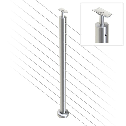 Round Intermediate Post with Straight Fixed Saddle - Round Handrail - 960mm High - 50.8 x 1.6mm Tube - 22 x 8mm Holes in 2 Sides - Heavy Duty Base Plate and Cover - 316 Grade Stainless Steel Satin finish