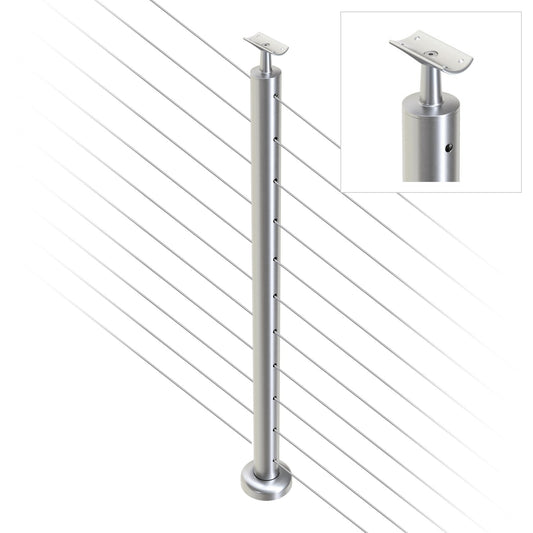 Round Intermediate Post with Straight Fixed Saddle - Round Handrail - 960mm High - 50.8 x 1.6mm Tube - 22 x 8mm Holes in 2 Sides - Heavy Duty Base Plate and Cover - 316 Grade Stainless Steel Satin finish