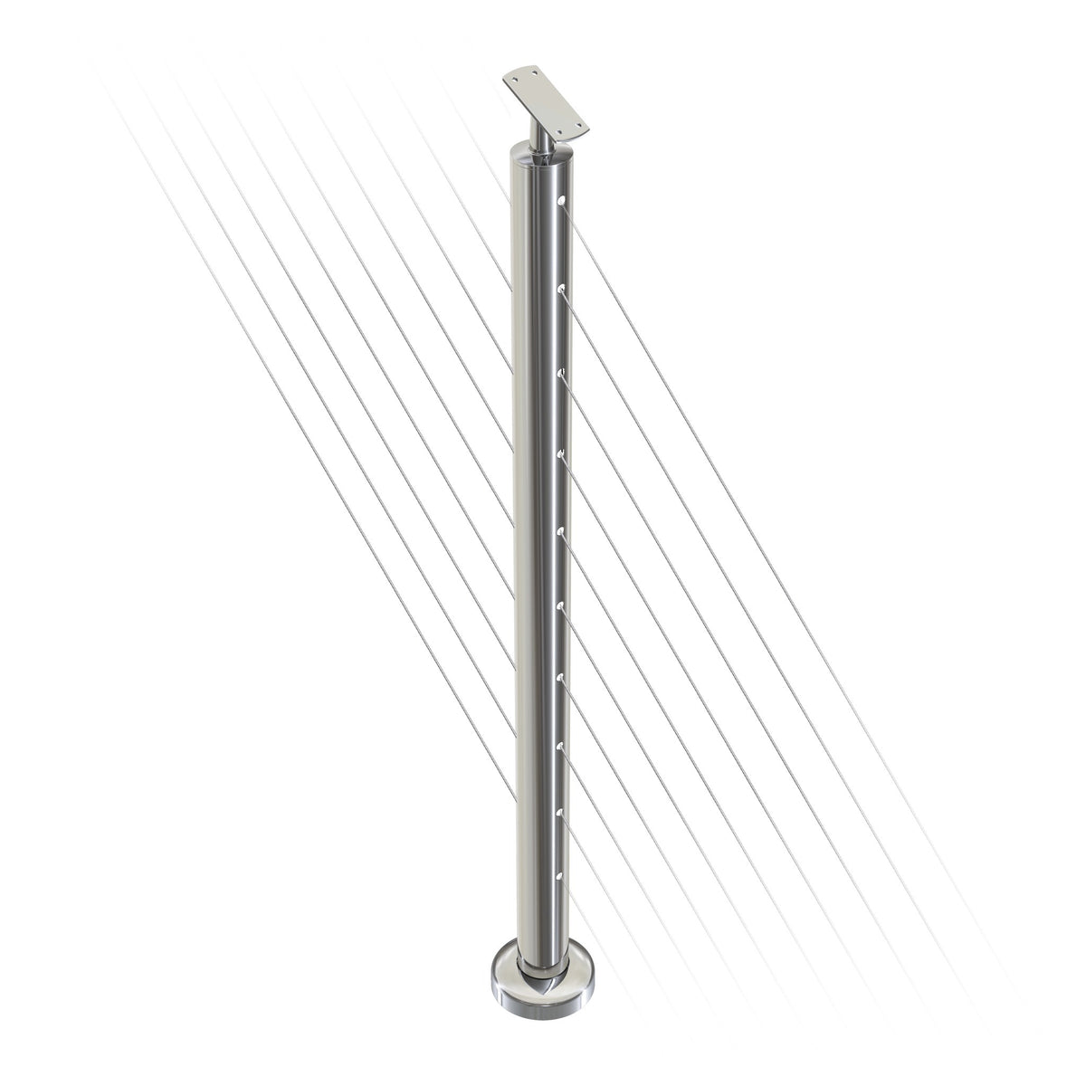 Round Stair Intermediate Post with Straight Adjustable Saddle - Flat Handrail - 960mm High - 50.8 x 1.6mm Tube - Up to 11 x 9.5mm Holes in 2 Sides - Heavy Duty Base Plate and Cover - 316 Grade Stainless Steel Mirror polished