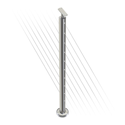 Round Stair Intermediate Post with Straight Adjustable Saddle - Flat Handrail - 960mm High - 50.8 x 1.6mm Tube - Up to 11 x 9.5mm Holes in 2 Sides - Heavy Duty Base Plate and Cover - 316 Grade Stainless Steel Mirror polished