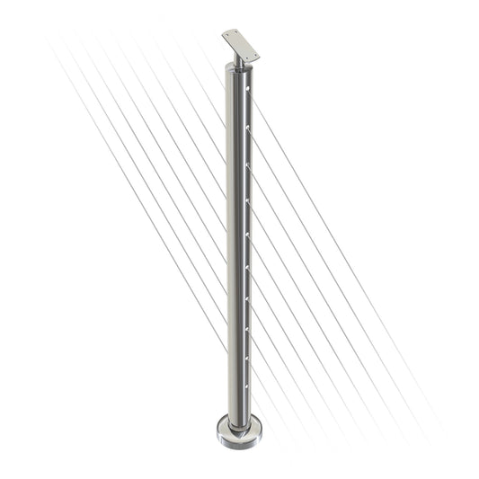 Round Stair Intermediate Post with Straight Adjustable Saddle - Flat Handrail - 960mm High - 50.8 x 1.6mm Tube - Up to 11 x 9.5mm Holes in 2 Sides - Heavy Duty Base Plate and Cover - 316 Grade Stainless Steel Mirror polished