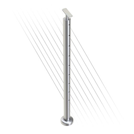 Round Stair Intermediate Post with Straight Adjustable Saddle - Flat Handrail - 960mm High - 50.8 x 1.6mm Tube - Up to 11 x 9.5mm Holes in 2 Sides - Heavy Duty Base Plate and Cover - 316 Grade Stainless Steel Satin finish
