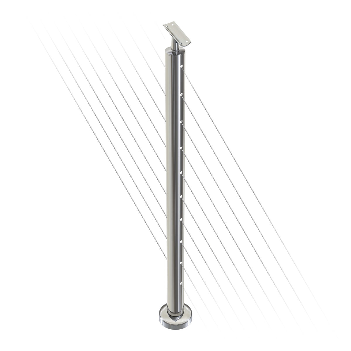 Round Stair Intermediate Post with Straight Adjustable Saddle - Round Handrail - 960mm High - 50.8 x 1.6mm Tube - Up to 11 x 9.5mm Holes in 2 Sides - Heavy Duty Base Plate and Cover - 316 Grade Stainless Steel Mirror polished