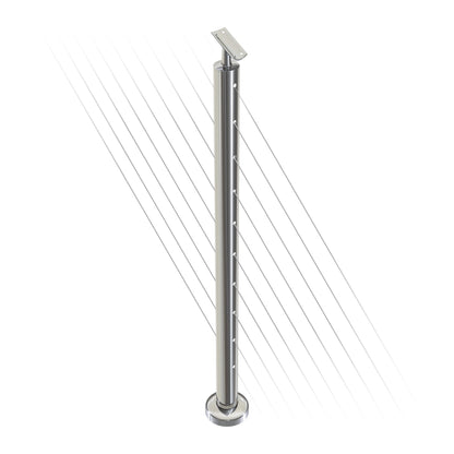 Round Stair Intermediate Post with Straight Adjustable Saddle - Round Handrail - 960mm High - 50.8 x 1.6mm Tube - Up to 11 x 9.5mm Holes in 2 Sides - Heavy Duty Base Plate and Cover - 316 Grade Stainless Steel Mirror polished