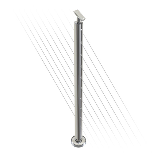 Round Stair Intermediate Post with Straight Adjustable Saddle - Round Handrail - 960mm High - 50.8 x 1.6mm Tube - Up to 11 x 9.5mm Holes in 2 Sides - Heavy Duty Base Plate and Cover - 316 Grade Stainless Steel Mirror polished