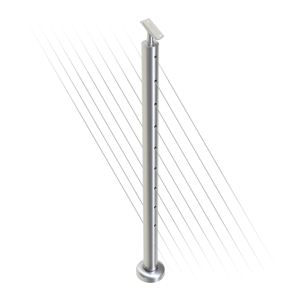 Round Stair Intermediate Post with Straight Adjustable Saddle - Round Handrail - 960mm High - 50.8 x 1.6mm Tube - Up to 11 x 9.5mm Holes in 2 Sides - Heavy Duty Base Plate and Cover - 316 Grade Stainless Steel Satin finish