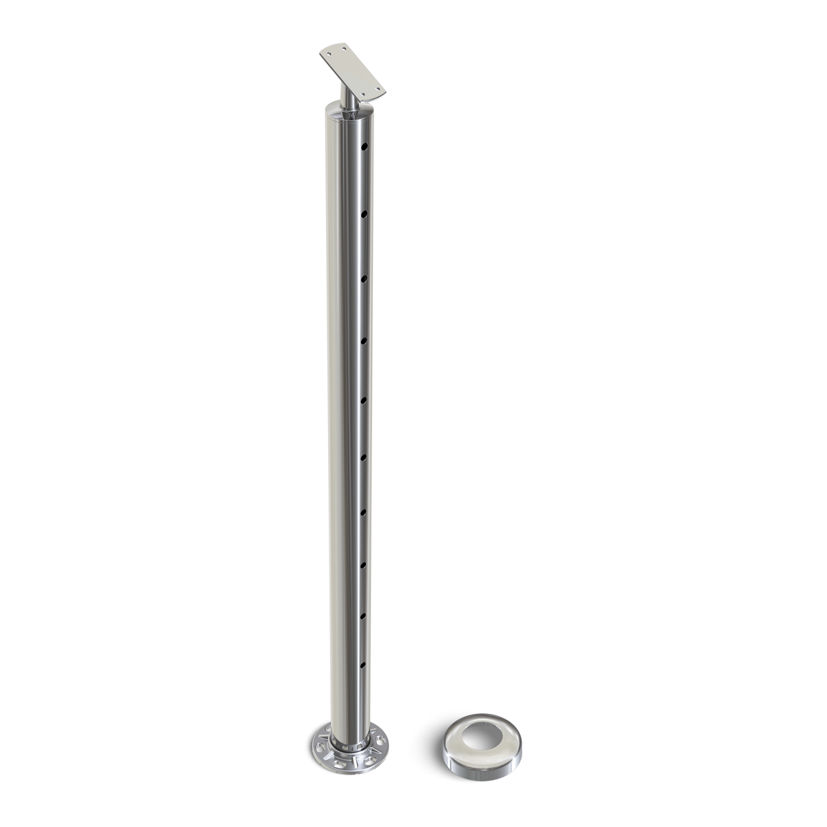 Round Stair End Post with Straight Adjustable Saddle - Flat Handrail - 960mm High - 50.8 x 3mm Tube - 11 x 9mm Holes in 1 Side - Heavy Duty Base Plate and Cover - 316 Grade Stainless Steel Mirror polished