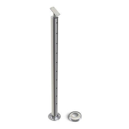 Round Stair Intermediate Post with Straight Adjustable Saddle - Flat Handrail - 960mm High - 50.8 x 1.6mm Tube - Up to 11 x 9.5mm Holes in 2 Sides - Heavy Duty Base Plate and Cover - 316 Grade Stainless Steel Mirror polished