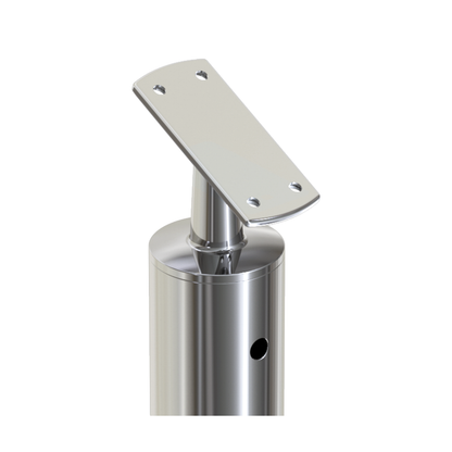 Round Stair End Post with Straight Adjustable Saddle - Flat Handrail - 960mm High - 50.8 x 3mm Tube - 11 x 9mm Holes in 1 Side - Heavy Duty Base Plate and Cover - 316 Grade Stainless Steel Mirror polished