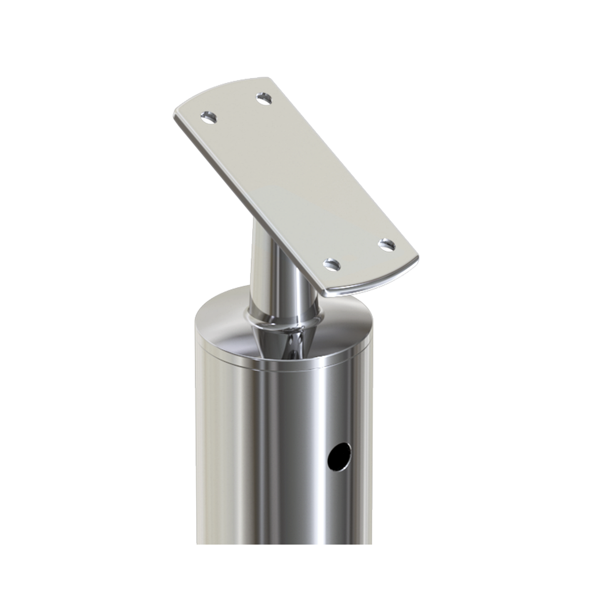 Round Stair Intermediate Post with Straight Adjustable Saddle - Flat Handrail - 960mm High - 50.8 x 1.6mm Tube - Up to 11 x 9.5mm Holes in 2 Sides - Heavy Duty Base Plate and Cover - 316 Grade Stainless Steel Mirror polished