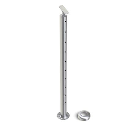 Round Stair End Post with Straight Adjustable Saddle - Flat Handrail - 960mm High - 50.8 x 3mm Tube - 11 x 9mm Holes in 1 Side - Heavy Duty Base Plate and Cover - 316 Grade Stainless Steel Satin finish