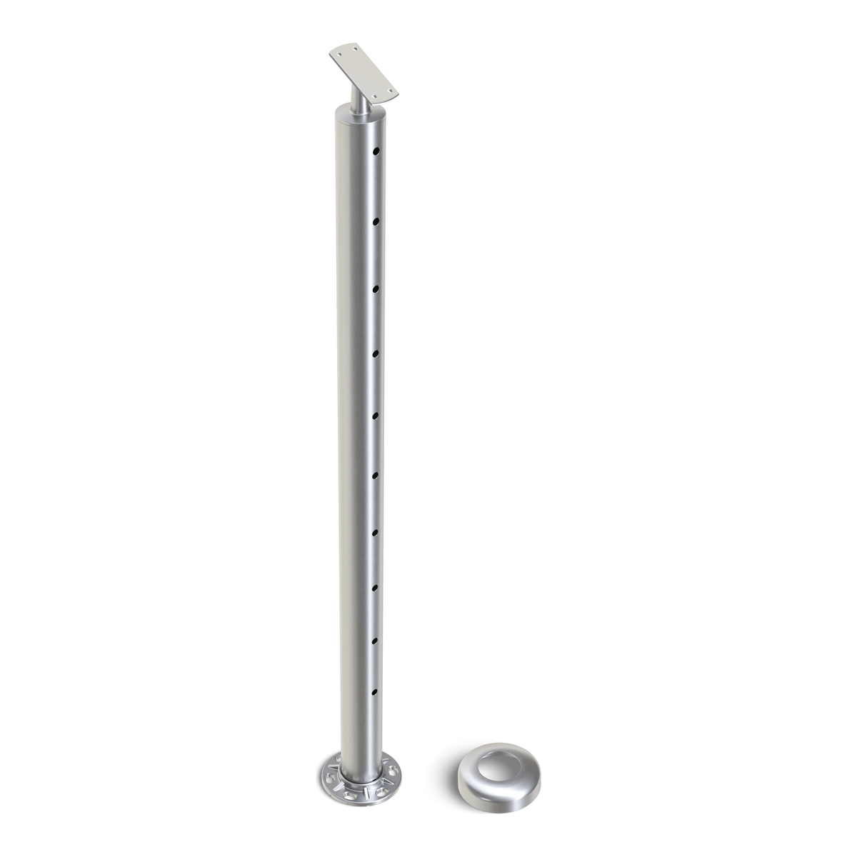 Round Stair Intermediate Post with Straight Adjustable Saddle - Flat Handrail - 960mm High - 50.8 x 1.6mm Tube - Up to 11 x 9.5mm Holes in 2 Sides - Heavy Duty Base Plate and Cover - 316 Grade Stainless Steel Satin finish