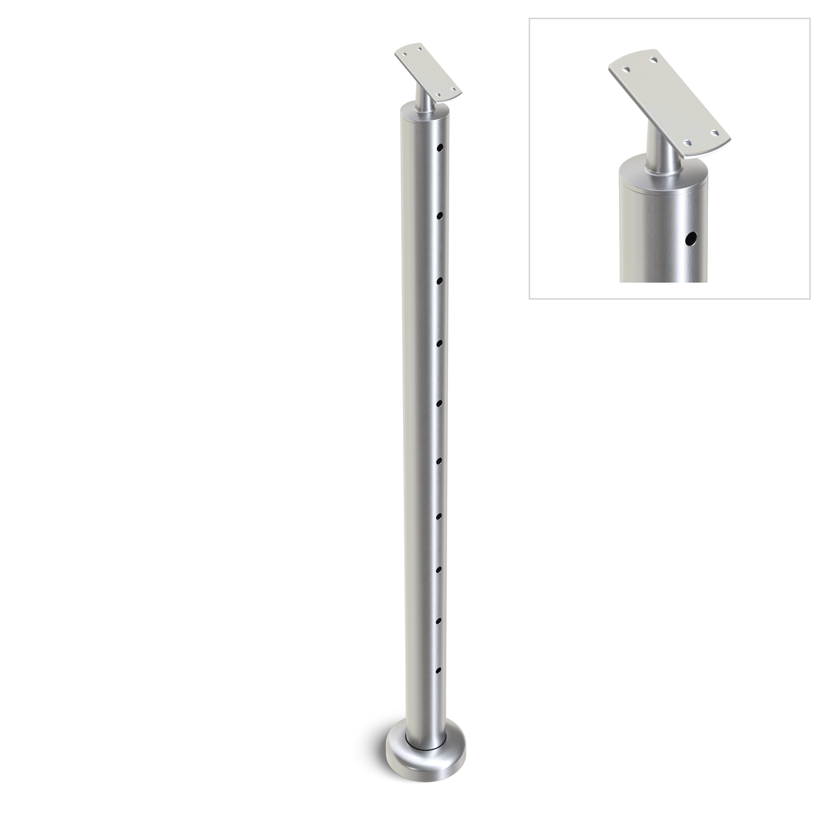 Round Stair End Post with Straight Adjustable Saddle - Flat Handrail - 960mm High - 50.8 x 3mm Tube - 11 x 9mm Holes in 1 Side - Heavy Duty Base Plate and Cover - 316 Grade Stainless Steel Satin finish
