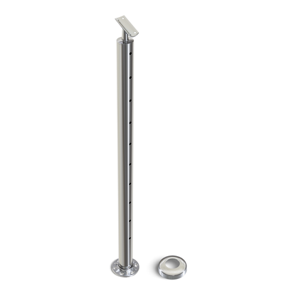 Round Stair End Post with Straight Adjustable Saddle - Round Handrail - 960mm High - 50.8 x 3mm Tube - 11 x 9mm Holes in 1 Side - Heavy Duty Base Plate and Cover - 316 Grade Stainless Steel Mirror polished