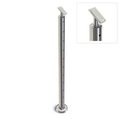 Round Stair End Post with Straight Adjustable Saddle - Round Handrail - 960mm High - 50.8 x 3mm Tube - 11 x 9mm Holes in 1 Side - Heavy Duty Base Plate and Cover - 316 Grade Stainless Steel Mirror polished