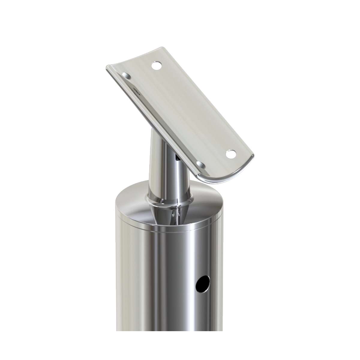 Round Stair Intermediate Post with Straight Adjustable Saddle - Round Handrail - 960mm High - 50.8 x 1.6mm Tube - Up to 11 x 9.5mm Holes in 2 Sides - Heavy Duty Base Plate and Cover - 316 Grade Stainless Steel Mirror polished