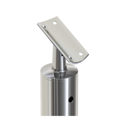 Round Stair Intermediate Post with Straight Adjustable Saddle - Round Handrail - 960mm High - 50.8 x 1.6mm Tube - Up to 11 x 9.5mm Holes in 2 Sides - Heavy Duty Base Plate and Cover - 316 Grade Stainless Steel Mirror polished