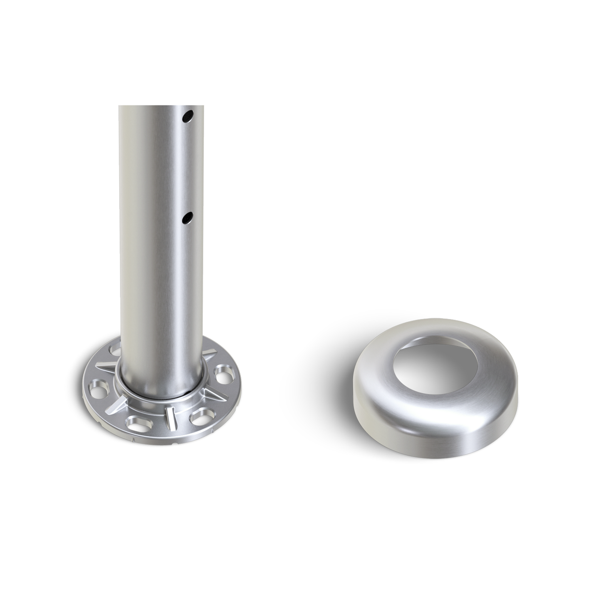 Round Stair End Post with Straight Adjustable Saddle - Round Handrail - 960mm High - 50.8 x 3mm Tube - 11 x 9mm Holes in 1 Side - Heavy Duty Base Plate and Cover - 316 Grade Stainless Steel Satin finish