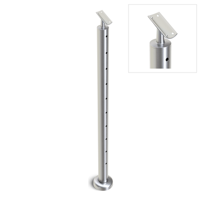 Round Stair End Post with Straight Adjustable Saddle - Round Handrail - 960mm High - 50.8 x 3mm Tube - 11 x 9mm Holes in 1 Side - Heavy Duty Base Plate and Cover - 316 Grade Stainless Steel Satin finish