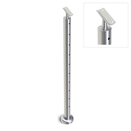 Round Stair End Post with Straight Adjustable Saddle - Round Handrail - 960mm High - 50.8 x 3mm Tube - 11 x 9mm Holes in 1 Side - Heavy Duty Base Plate and Cover - 316 Grade Stainless Steel Satin finish
