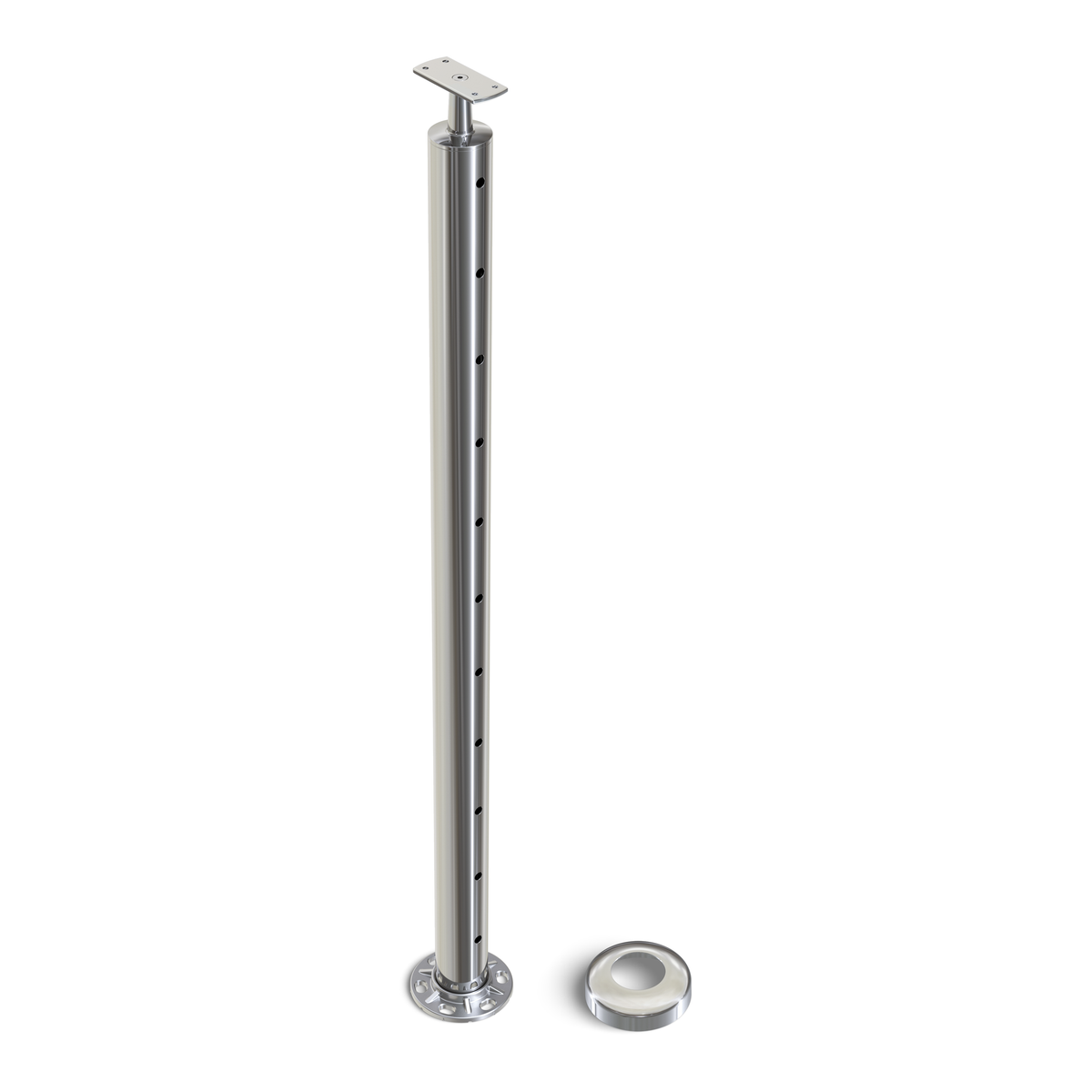 Round Intermediate Post with Straight Fixed Saddle - Flat Handrail - 960mm High - 50.8 x 1.6mm Tube - 22 x 8mm Holes in 2 Sides - Heavy Duty Base Plate and Cover - 316 Grade Stainless Steel Mirror polished