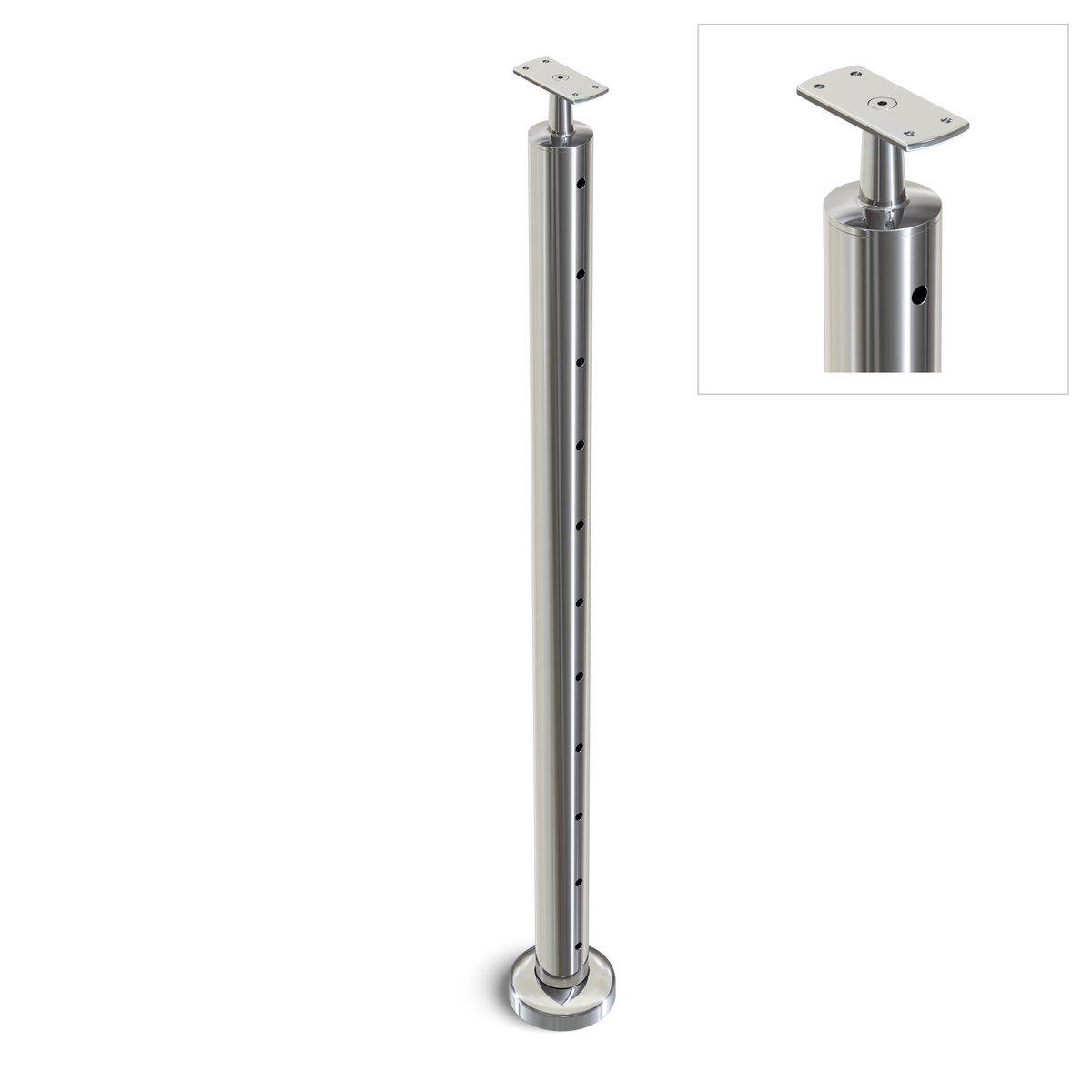 Round End Post with Straight Fixed Saddle - Flat Handrail - 960mm High - 50.8 x 3mm Tube - 11 x 9mm Holes in 1 Side - Heavy Duty Base Plate and Cover - 316 Grade Stainless Steel Mirror polished