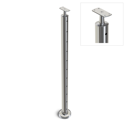 Round End Post with Straight Fixed Saddle - Flat Handrail - 960mm High - 50.8 x 3mm Tube - 11 x 9mm Holes in 1 Side - Heavy Duty Base Plate and Cover - 316 Grade Stainless Steel Mirror polished
