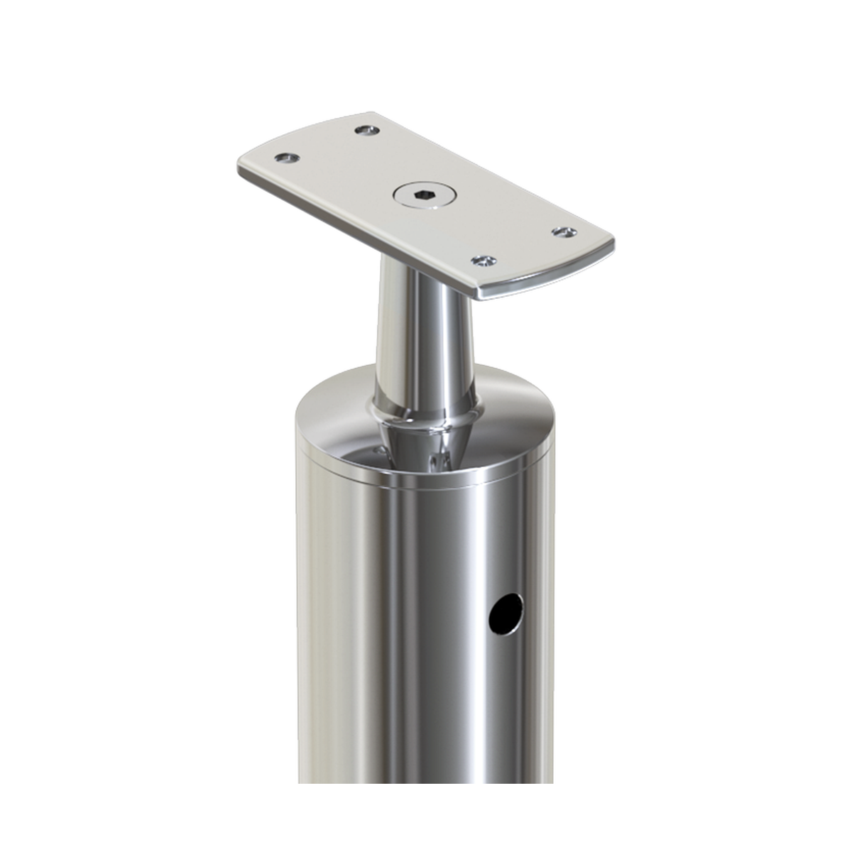Round Intermediate Post with Straight Fixed Saddle - Flat Handrail - 960mm High - 50.8 x 1.6mm Tube - 22 x 8mm Holes in 2 Sides - Heavy Duty Base Plate and Cover - 316 Grade Stainless Steel Mirror polished