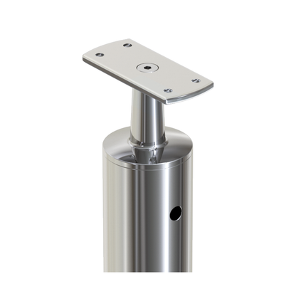 Round Intermediate Post with Straight Fixed Saddle - Flat Handrail - 960mm High - 50.8 x 1.6mm Tube - 22 x 8mm Holes in 2 Sides - Heavy Duty Base Plate and Cover - 316 Grade Stainless Steel Mirror polished