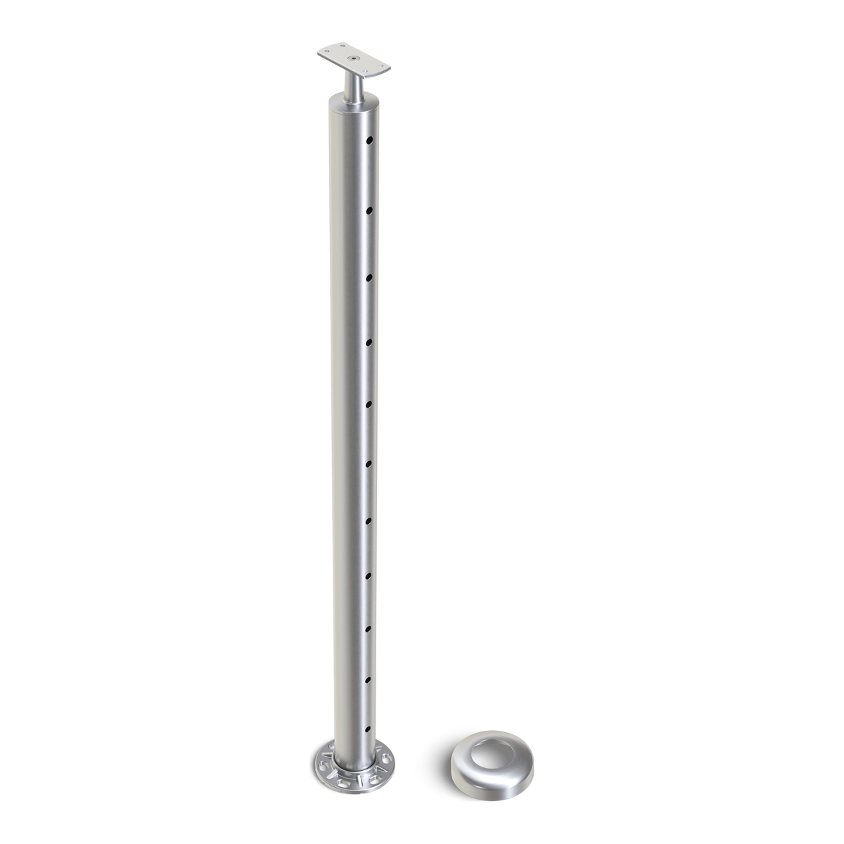 Round End Post with Straight Fixed Saddle - Flat Handrail - 960mm High - 50.8 x 3mm Tube - 11 x 9mm Holes in 1 Side - Heavy Duty Base Plate and Cover - 316 Grade Stainless Steel Satin finish